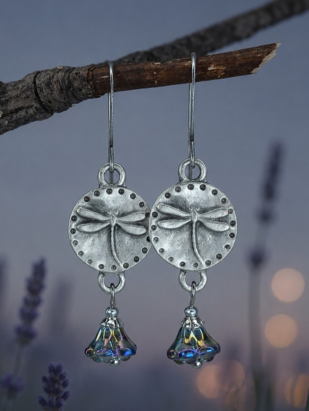 Artisan Dragonfly Earrings Czech Glass Flower Dangle Silver Nature Handcrafted